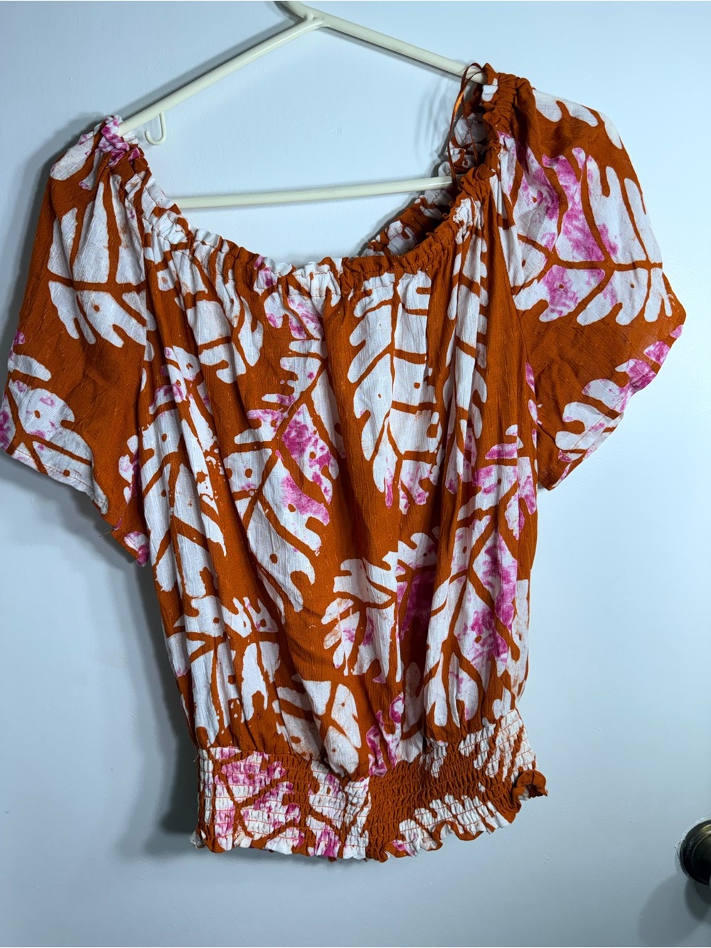 Nicole Miller Orange White Tropical Off-Shoulder Blouse